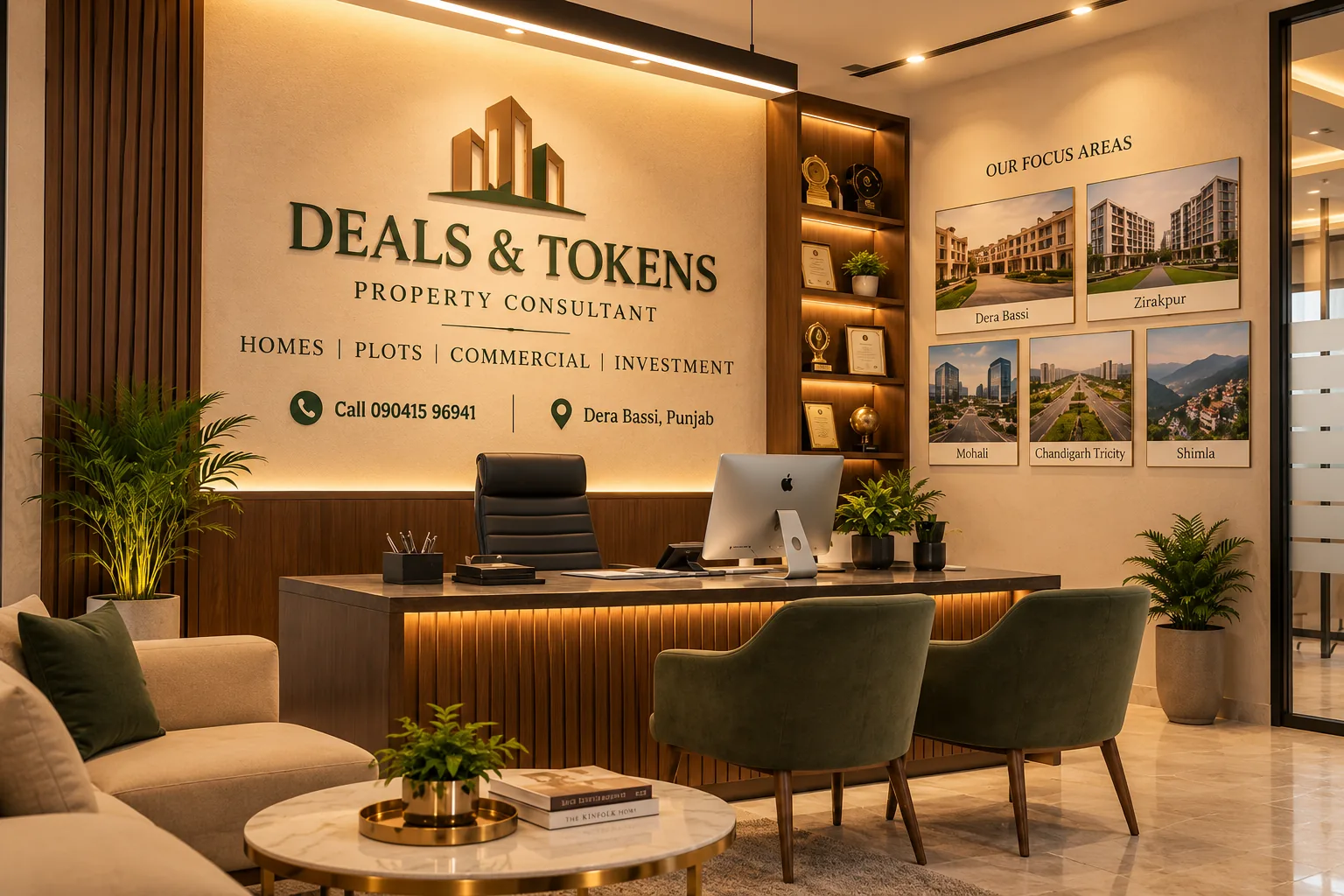 The Deals & Tokens office in Dera Bassi, with the consultancy's focus areas on the wall