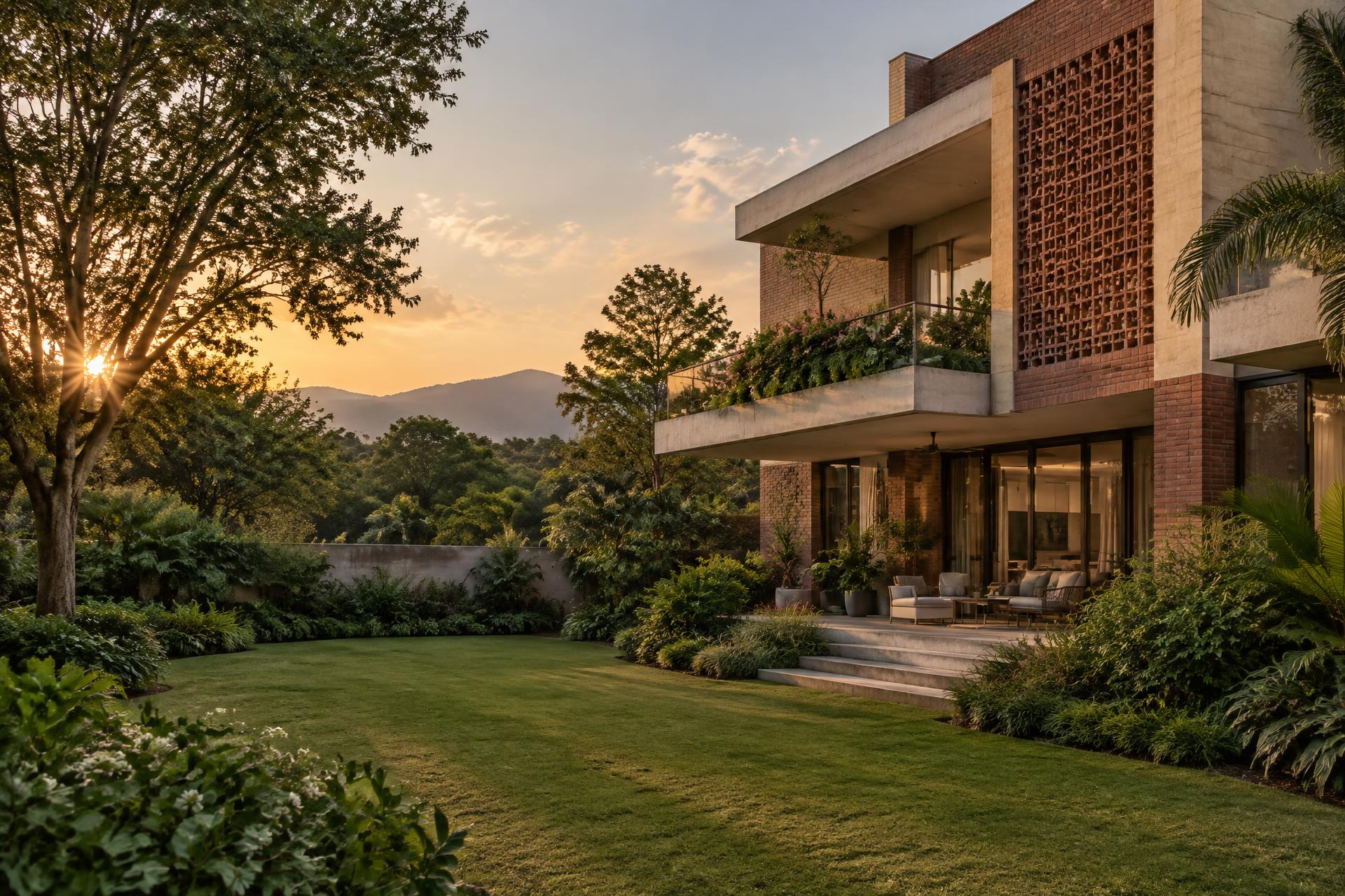 Contemporary Indian residence with brick jaali details and a landscaped garden